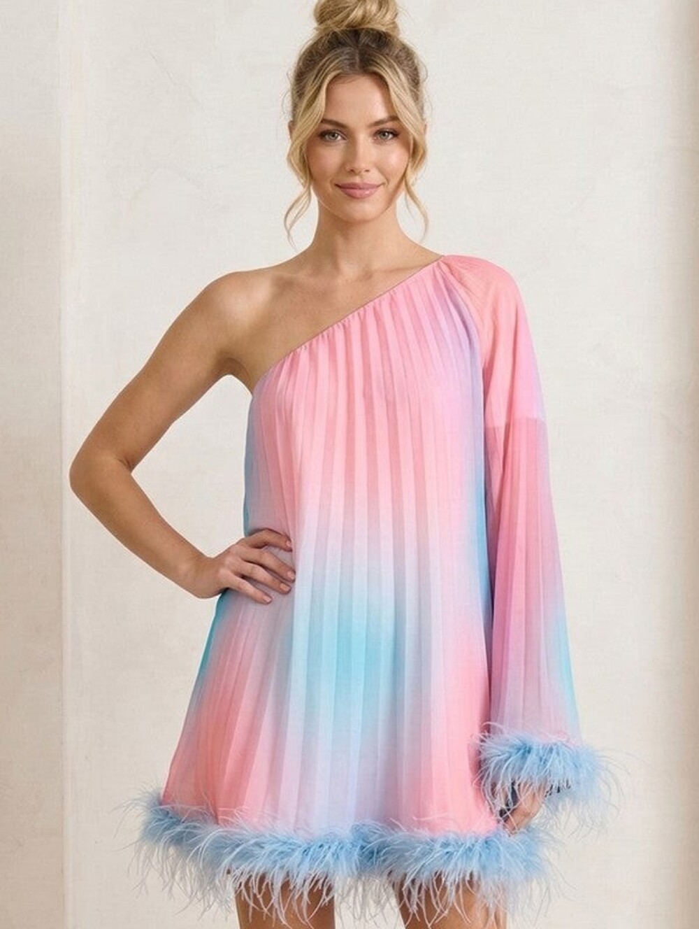 Neapolitan Ombre One Shoulder Long Sleeve Pleated Dress